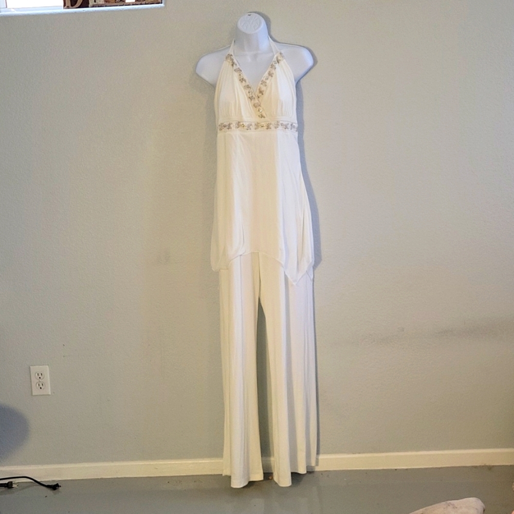 VENUS Jumpsuit White with Sequins and Rhinestone Trim Size L NWOT